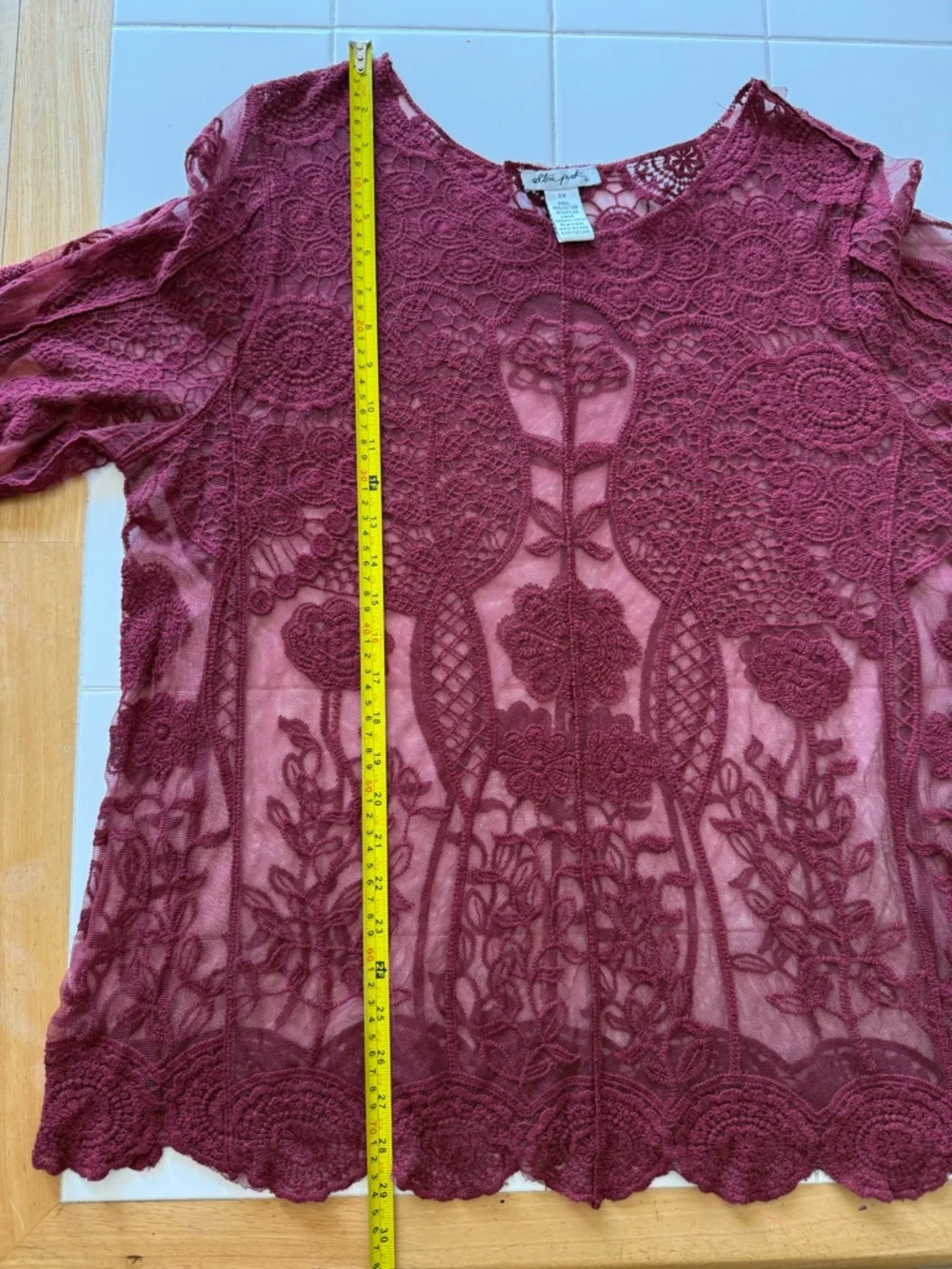 Sheer Crochet Burgundy Lace Long Sleeve Top Womens 2X Witchy Whimsigoth Boho - Picture 10 of 11